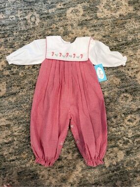Auraluz Baby Christmas Romper 3M Hand Embroidered Candy Cane Gingham NWT